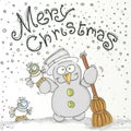 Merry christmas snowy background with snowflakes and snowman with broom hat and birds