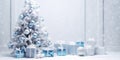 Snowy Xmas tree and blue baubles, ornaments and gifts, holiday celebration. Generative AI Royalty Free Stock Photo