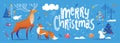 Merry Christmas social media banner in Scandic doodle style in blue color with cute animals.