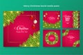 Merry Christmas social media post bundle. Christmas banner on a red background, pine leaves, Christmas balls, star, green wreath,