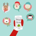 Merry christmas Social network mobile with santa claus reindeer polar bear penguin snow man vector. illustration EPS10.