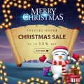 Merry Christmas, special offer, Christmas sale, up to 50% off, with snowman in Santa Claus hat with gifts presents, old parchment Royalty Free Stock Photo
