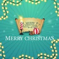 Merry Christmas, square postcard with gift with Christmas candle, old parchment, Christmas ball and cone