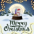 Merry Christmas, square postcard with night winter landscape, full moon, pines, drifts and big snow globe with snowman Royalty Free Stock Photo