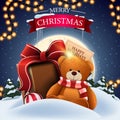 Merry Christmas, square postcard with winter landscape, big full moon, starry sky and Teddy bear with present