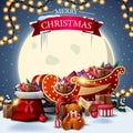 Merry Christmas, square postcard with winter landscape, big yellow moon, Santa Claus bag and Santa Sleigh with presents