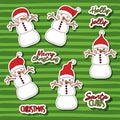 Merry christmas with stickers pattern of snowman and christmas text with background green color lines Royalty Free Stock Photo