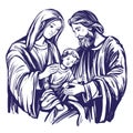 Merry Christmas. Christmas story. Mary, Joseph and the baby Jesus, Son of God , symbol of Christianity hand drawn vector Royalty Free Stock Photo