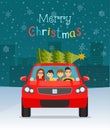 Merry christmas stylized typography. Red car with family and christmas tree . Royalty Free Stock Photo