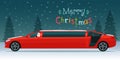 Merry Christmas stylized typography. Red limousine with Santa Claus on the background of a winter landscape. Vector flat style Royalty Free Stock Photo