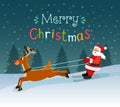 Merry christmas stylized typography. Santa Claus on skis and deers. Royalty Free Stock Photo