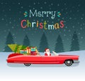 Merry christmas stylized typography. Vintage red cabriolet with santa claus, christmas tree and gift boxes.