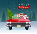 Merry christmas stylized typography. Vintage red cabriolet with santa claus, christmas tree and gift boxes. Royalty Free Stock Photo