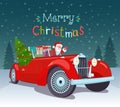 Merry Christmas stylized typography. Vintage red cabriolet with santa claus, christmas tree and gift boxes. Vector flat style Royalty Free Stock Photo