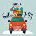 Merry christmas stylized typography. Vintage red car with christmas tree and gift boxes. Vector flat style illustration. Royalty Free Stock Photo