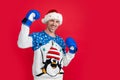 merry christmas. successful positive man celebrate christmas in boxing gloves. copy space.
