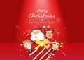 Merry Christmas, surprise party, celebration seasonal holidays, cute girl, Santa and reindeer cartoon character vector, greeting Royalty Free Stock Photo