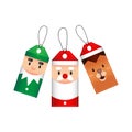 Merry Christmas tags with elf, santa, reindeer. Vector illustration.