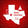 Merry Christmas Texas card. Vector American illustration with map of Texas silhouette and holiday text and cowboy boot decoration Royalty Free Stock Photo