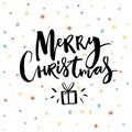 Merry Christmas text. Brush modern calligraphy handwriting with hand drawn gift illustration. Black words on stars Royalty Free Stock Photo