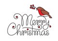 Merry christmas text with bullfinch bird and branch