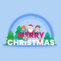 Merry Christmas Text with Cartoon Santa Claus, Elf, Reindeer, Raccoon Character, Gift Boxes and Xmas Trees on Light