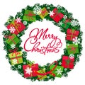 Merry Christmas text in the center of wreath with gift boxes. Round frame from colorful presents and snowflakes. Vector Royalty Free Stock Photo