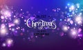 Merry Christmas Text on dark glitter background with Xmas decorations glowing garlands, light, stars, bokeh. Merry Christmas card Royalty Free Stock Photo