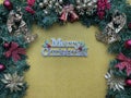 Merry christmas decor in glittering gold flatlay background