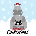 Merry Christmas- text, with funny  hippopotamus gamer, on snowy background Royalty Free Stock Photo