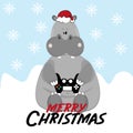 Merry Christmas- text, with funny hippopotamus gamer, on snowy background