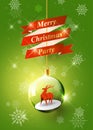 Merry Christmas text on gold ribbon with reindeer in Christmas ball, Hanging Christmas ball on green snowflake background, vector