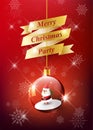 Merry Christmas text on gold ribbon with Santa Claus in Christmas ball, Hanging Christmas ball on red snowflake background, vector Royalty Free Stock Photo