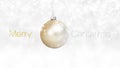 Merry Christmas text and hanging colored balls dangling isolated on snowing background, white Christmas snowfall concept template