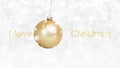 Merry Christmas text and hanging golden ball dangling isolated on snowing background, white Christmas snowfall concept template