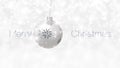 Merry Christmas text and hanging silver ball decorated with shiny snowflake dangling isolated on snowing background, white