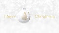 Merry Christmas text and hanging white ball decorated with shiny golden tree dangling isolated on snowing background, white