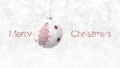 Merry Christmas text and hanging white ball decorated with shiny red tree dangling isolated on snowing background, white Christmas