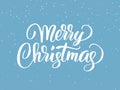 Merry Christmas text. Holiday greetings quote. Blue flat background with falling snow effect.