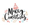 Merry Christmas text. Holiday vector illustration with handmade lettering. Christmas doodles of knitted hat, decorations