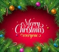 Merry christmas text in a red background with pine leaves boarder and frame