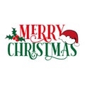 Merry Christmas text, Sana`s cap, and mistletoe, on white backgound. Royalty Free Stock Photo