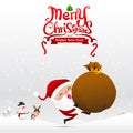 Merry christmas text and santa claus cartoon holding red gift