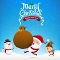 Merry christmas text and santa claus cartoon holding red gift