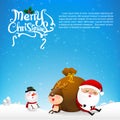 Merry christmas text and santa claus cartoon sleepping with gift