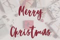 Merry christmas text, seasonal greetings card sign. flat lay. st Royalty Free Stock Photo
