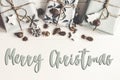 Merry christmas text, seasonal greetings card sign. flat lay. st Royalty Free Stock Photo