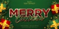 Merry christmas text, shiny rose gold color style editable text effect on green background