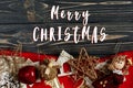 Merry christmas text sign on christmas frame of golden stylish t Royalty Free Stock Photo