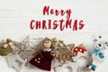 Merry christmas text sign on frame of golden toys. ornament bor Royalty Free Stock Photo